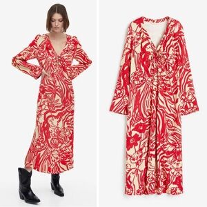 H&M Maxi Length Tropical Floral Print Summer Dress Bold Red & Beige BNWT